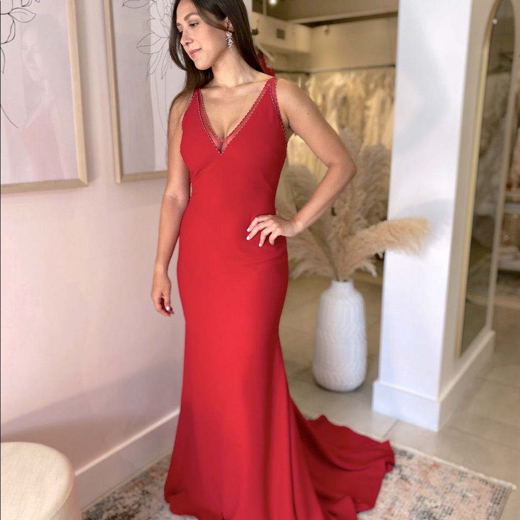 Pronovias Red Crepe Evening Gown
